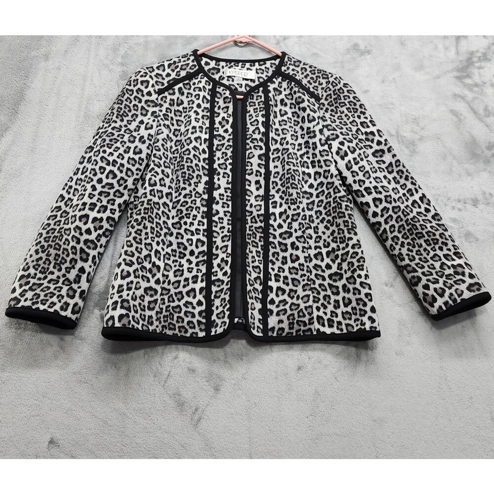 Vintage Kasper Jacket Womens 6 Black Gray Animal‎ Print Open Front Stretch